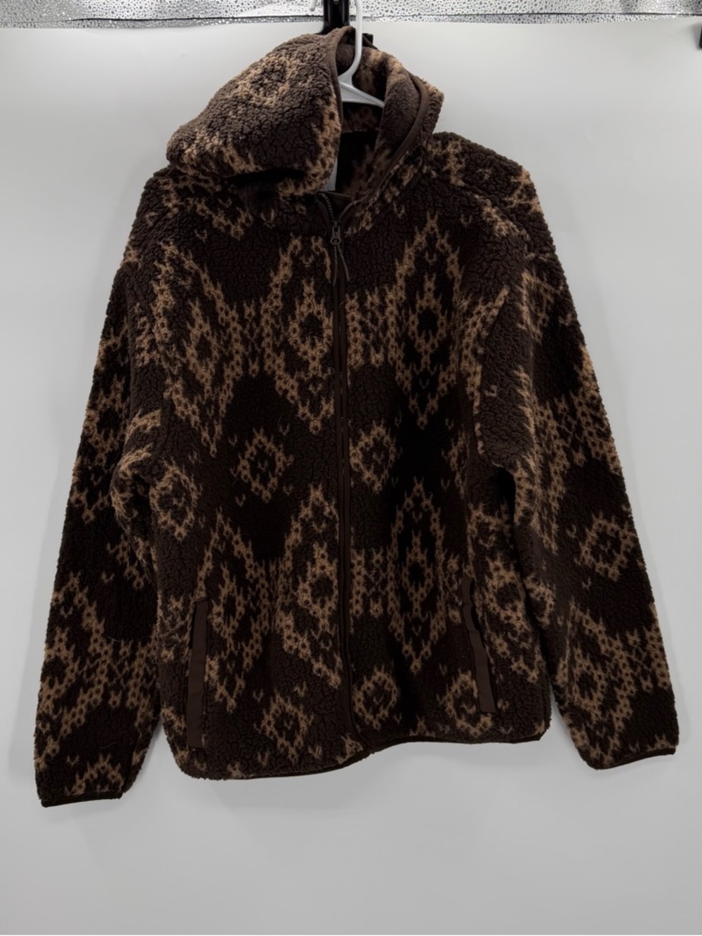 Old Navy Women’s Hooded Sherpa Fleece Jacket Brown Geometric Print Size L